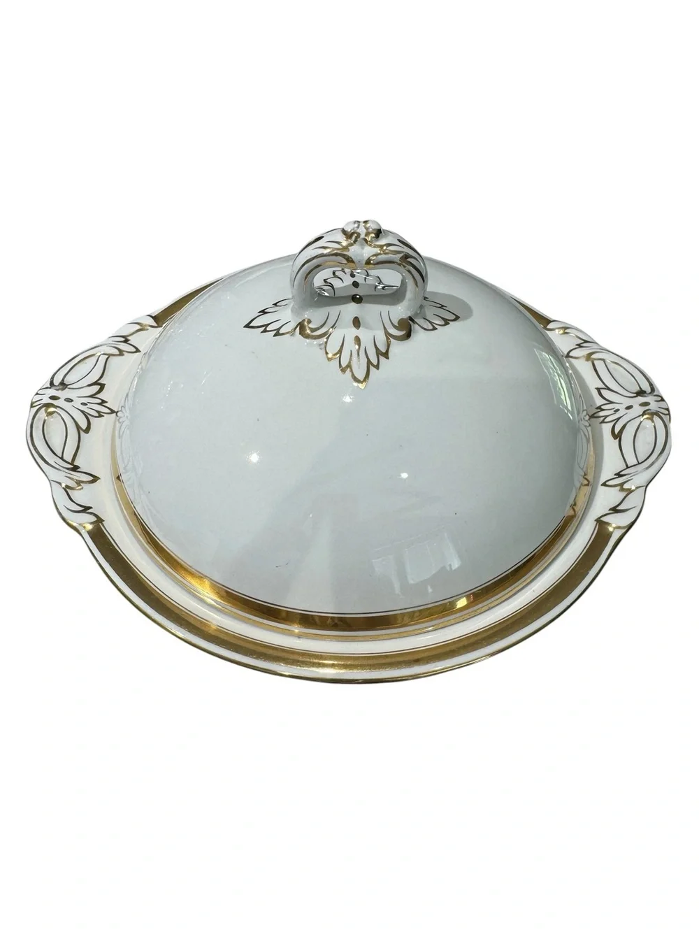 VTG White & Gold Trim Porcelain Covered Footed Serving Dish 10